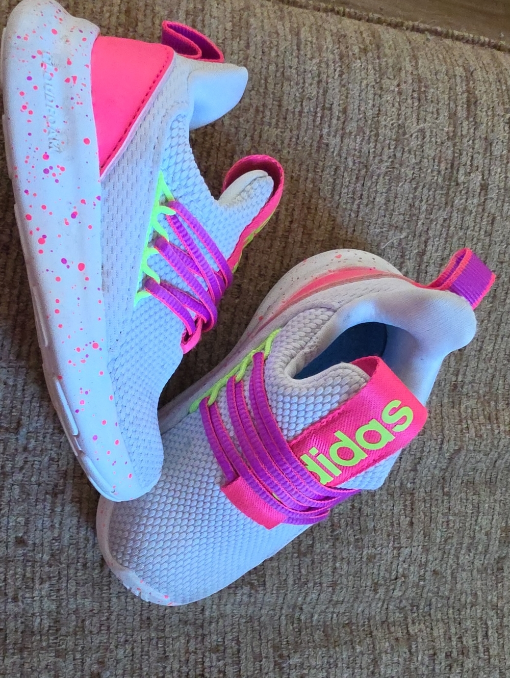 adidas Kids White Sneakers with Pink & Neon Yellow Accents